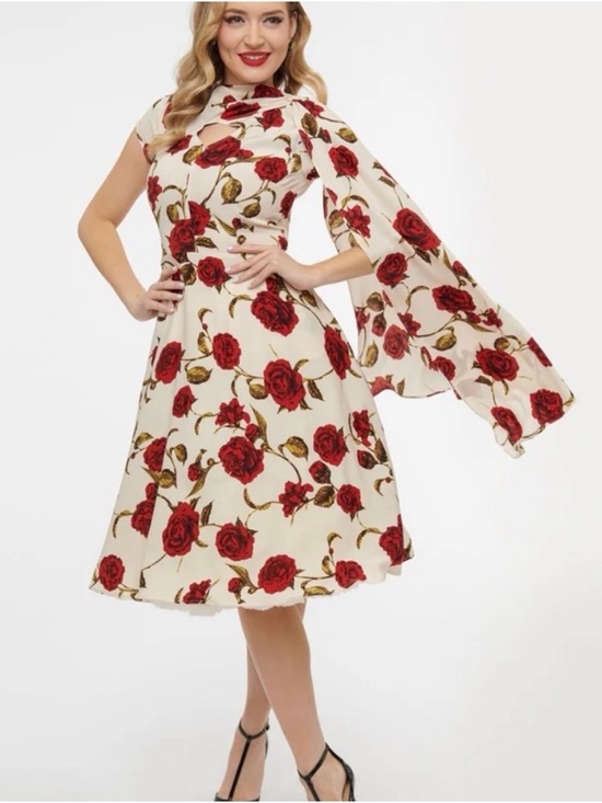 Unique Vintage Dresses & Skirts - Unique Vintage Cream Midi Dress with Red Rose Print and Scarf Tie